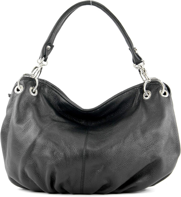 modamoda de - IT40 - ital. Damen Schultertasche aus Leder Schwarz Leder, Schwarz Leder