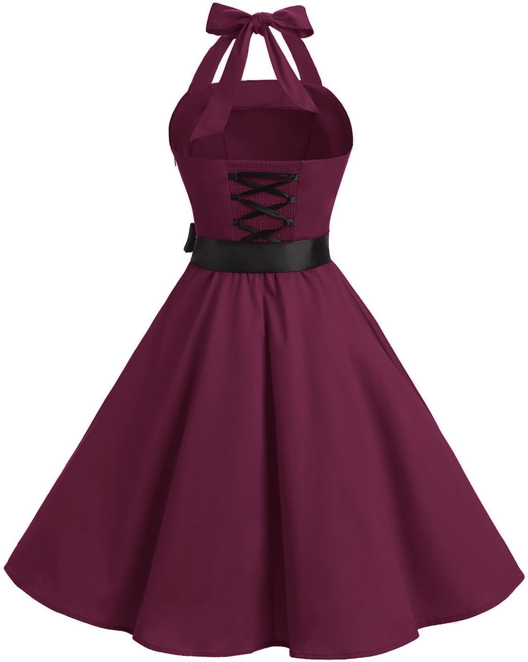 Damen Vintage Cocktailkleid Knielang Neckholder Swing Retro Rockabilly Kleid A-burgundy XXL, A-burgu