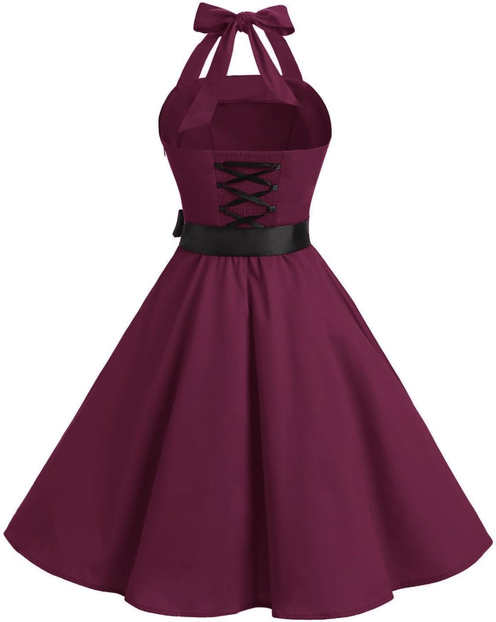 Damen Vintage Cocktailkleid Knielang Neckholder Swing Retro Rockabilly Kleid A-burgundy XXL, A-burgu