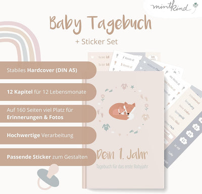 mintkind® Babyalbum "Dein erstes Lebensjahr" A5 Natur + Sticket Set | Baby Fotoalbum zum Selbstgesta