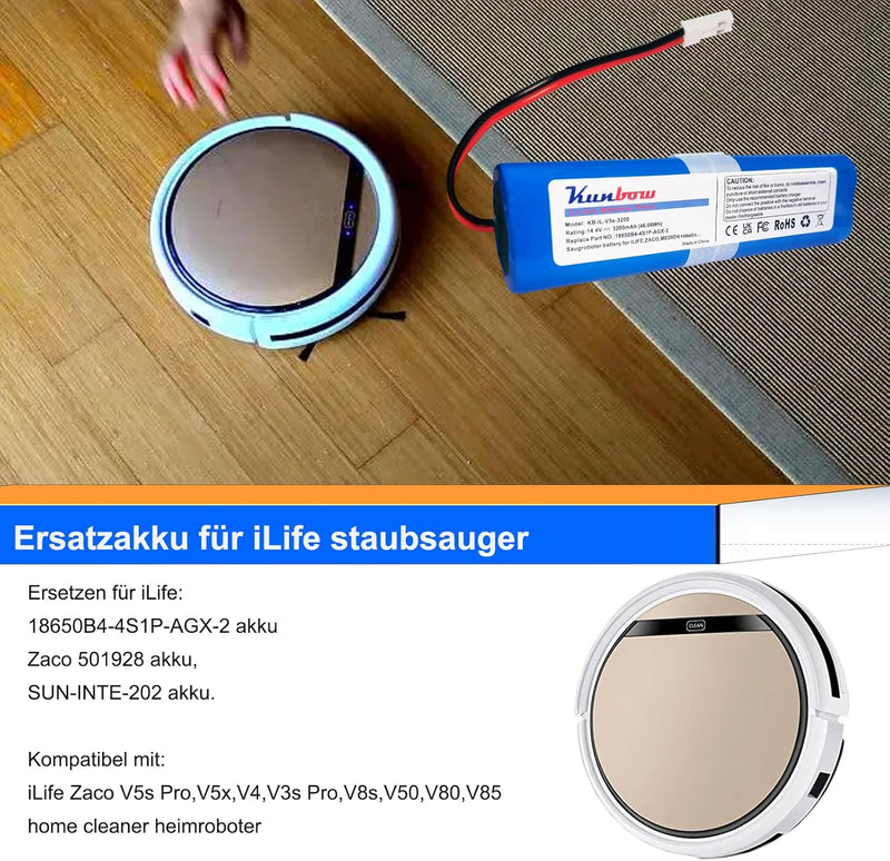 Kunbow 3200mAh Li-ion akku,Ersatzakku für iLife Zaco V5s Pro,V5x, V4, V3s Pro, V8s, V50, V80, V85 Ho