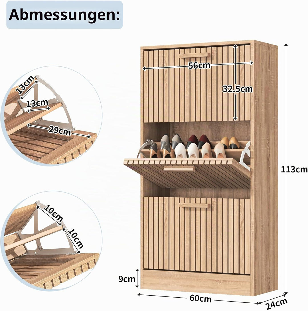 Schuhschrank mit 3 Klappen, Rattan Schuhschrank mit 6 Ablageflächen, Holz Schuhkommode, Freistehende