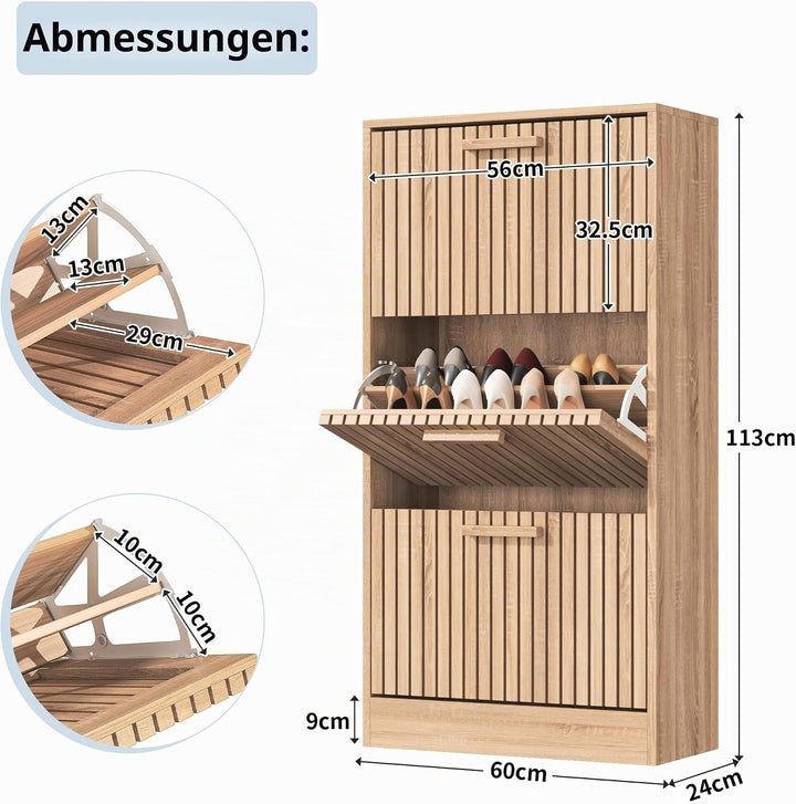 Schuhschrank mit 3 Klappen, Rattan Schuhschrank mit 6 Ablageflächen, Holz Schuhkommode, Freistehende