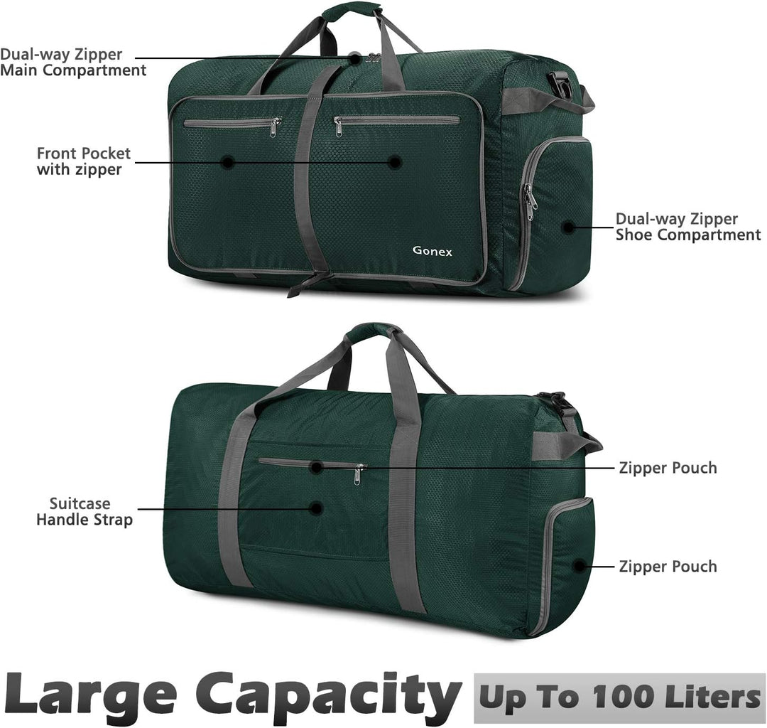 Gonex Leichter Faltbare Reise-Gepäck 100L, Farbe: Dunkelgrün, Duffel Taschen Uebernachtung Taschen/S