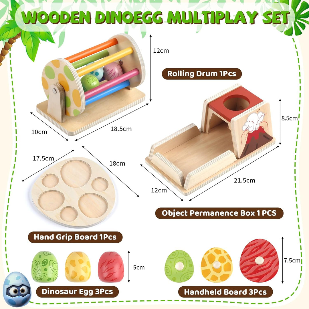 Montessori Holzspielzeug Baby Dinosaurier Ei Spielset ab 6 Monaten, Stapelt und Greifpuzzle, Spinnin