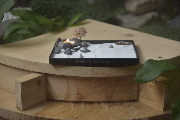 ICNBUYS Kerzenhalter aus Zen-Gartenkiesel, handgefertigt, mit Zen-Gartenwerkzeugen, Sand, Grundplatt