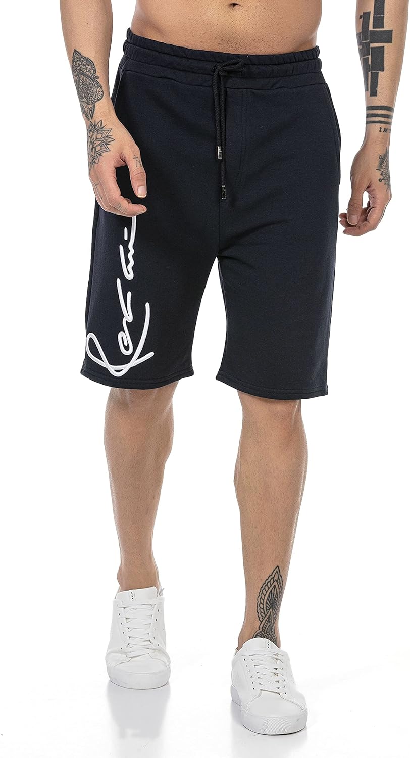 T-Shirt für Herren Kurzarm Baumwolle Rundhals Bestickt L Shorts: Blau, L Shorts: Blau