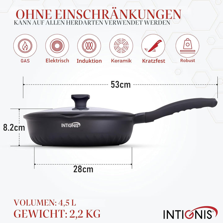 INTIGNIS Premium-Bratpfanne mit Deckel, Kratzfest, 28 cm, Extra Tief, Kompatibel mit allen Herdarten