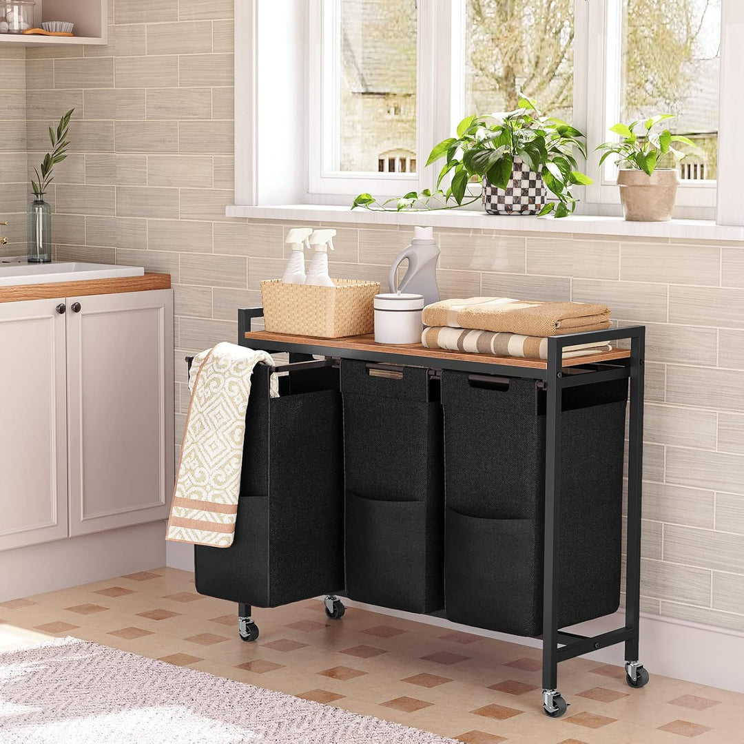 HOOBRO Wäschekorb 3 Fächer mit Ablage und Rollen, 119,4 L | Masse: 84 x 33 x 74,5 cm, 3 x 39,8 L Wäs