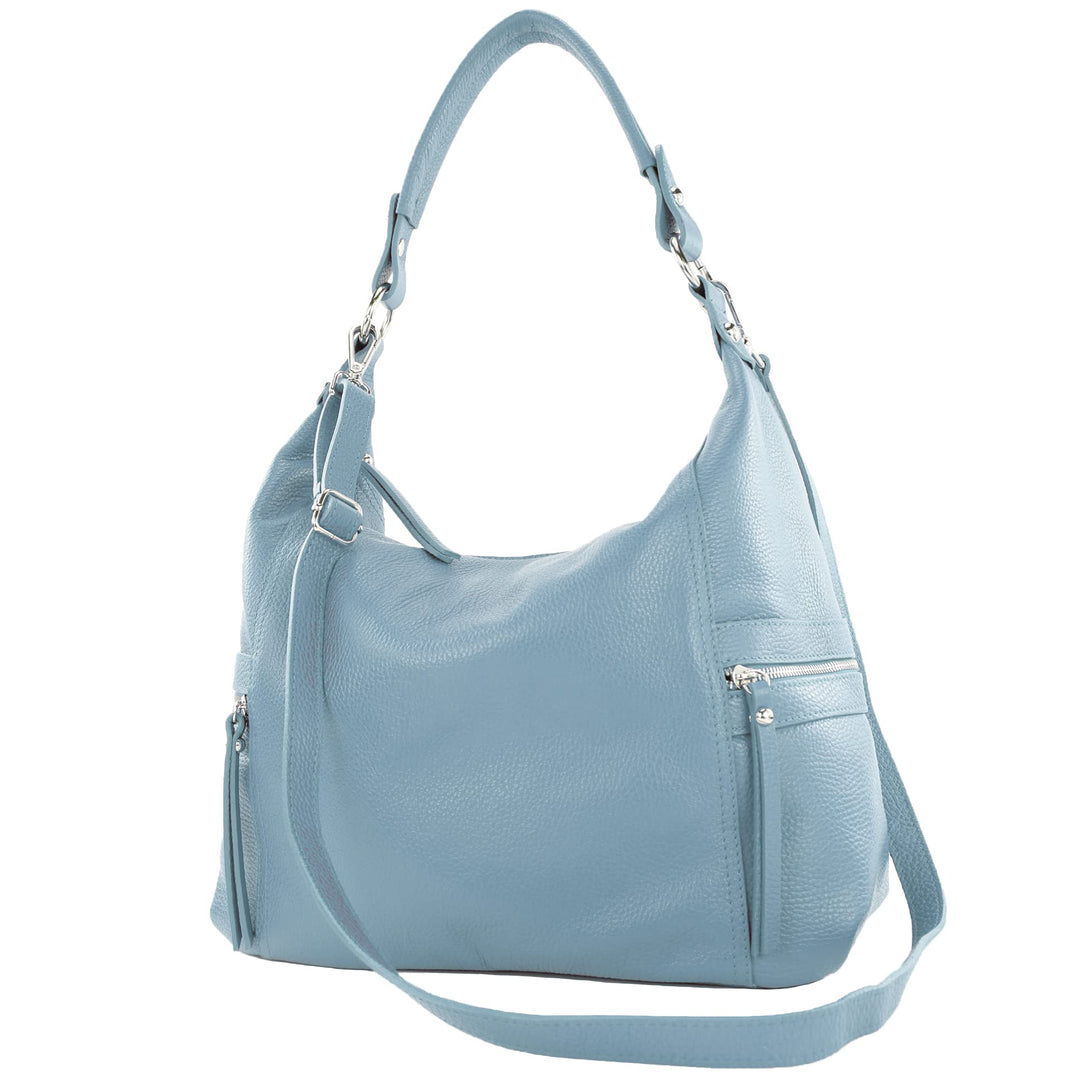 modamoda de - T229 - ital Schultertasche Shopper aus Leder Taubenblau, Taubenblau