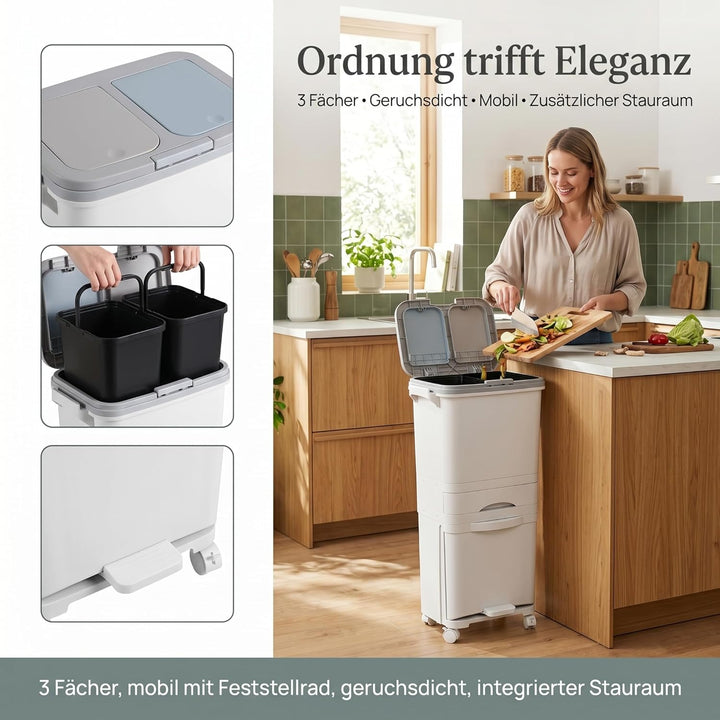 Grossvolumiger 42-Liter-Mülleimer mit 3 Fächern und Druckdeckel – Treteimer mit Fusspedal und Lenkro