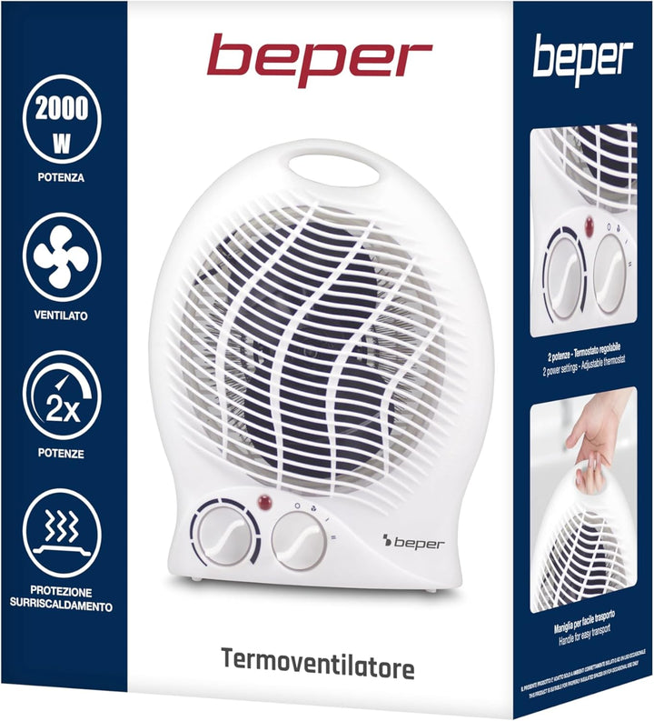 BEPER P203TER202 Heizlüfter, 2000W, 2 Wählbare Wattstufen, Kompakter Heizlüfter mit einstellbarem Th