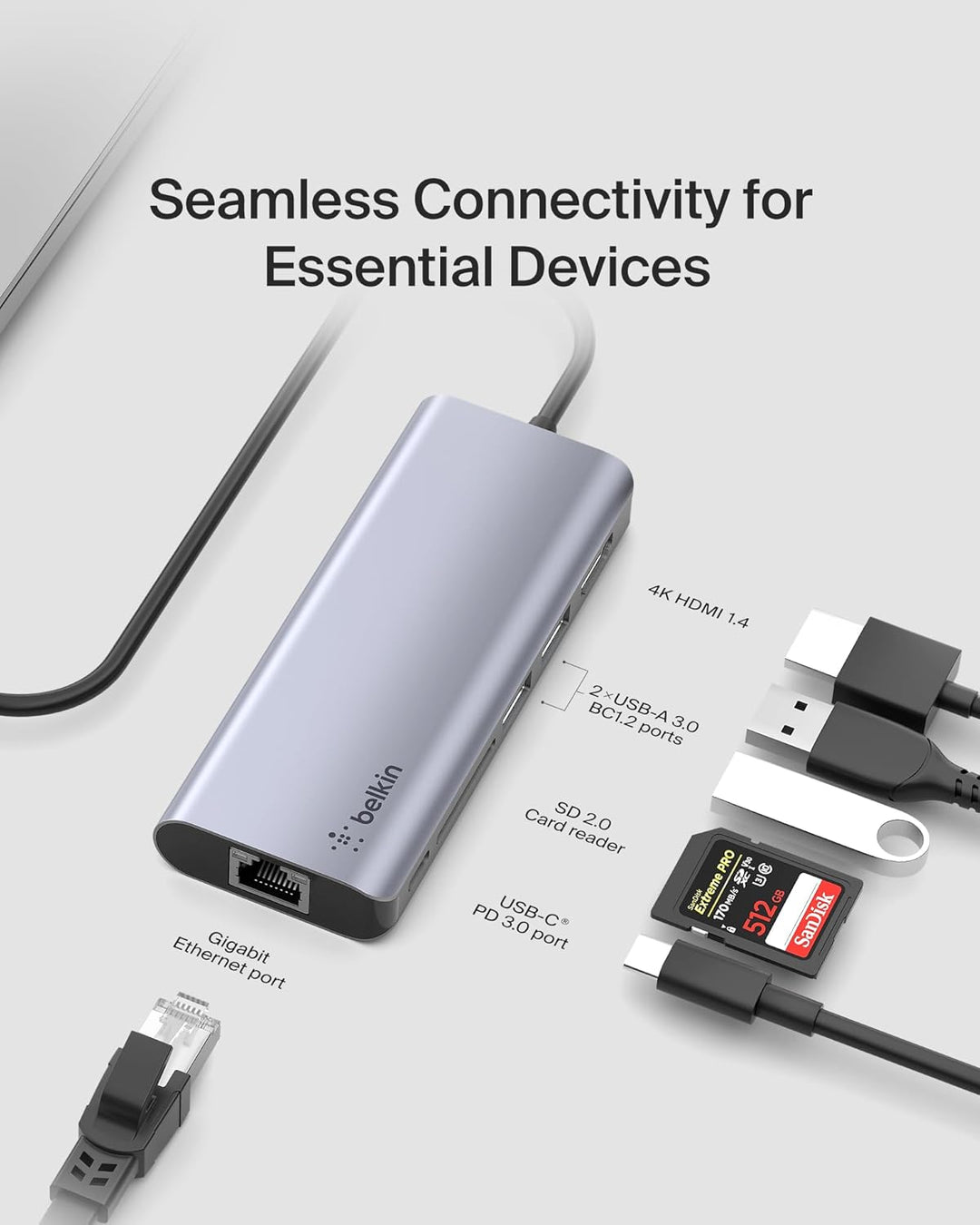 Belkin USB-C-Hub, 6-in-1-MultiPort-Adapter-Dock mit 4K-HDMI, USB-C und 100 W zum Laden (Passthrough)