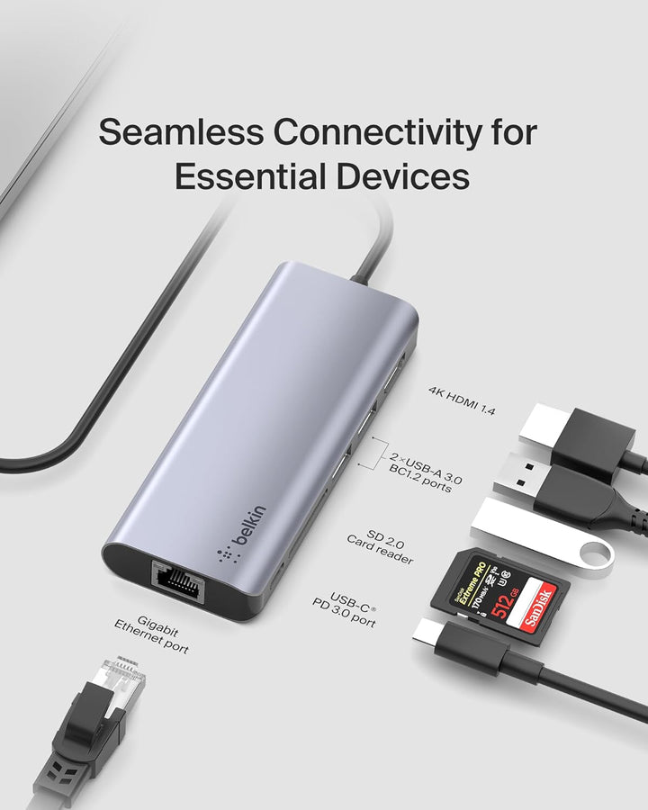 Belkin USB-C-Hub, 6-in-1-MultiPort-Adapter-Dock mit 4K-HDMI, USB-C und 100 W zum Laden (Passthrough)