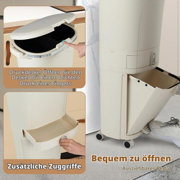 LIFEZEAL 38L / 42L Mülleimer auf Rädern, Abfalleimer mit 3 Fächern &amp; Deckel, Tretmülleimer mit Griff