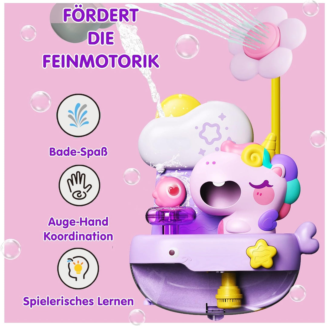 Schaum-Einhorn mit Babydusche, Badespielzeug mit Seifenblasen, Badewannenspielzeug, Baby Wasserspiel