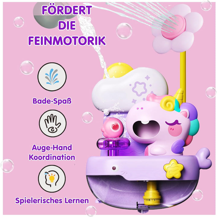 Schaum-Einhorn mit Babydusche, Badespielzeug mit Seifenblasen, Badewannenspielzeug, Baby Wasserspiel