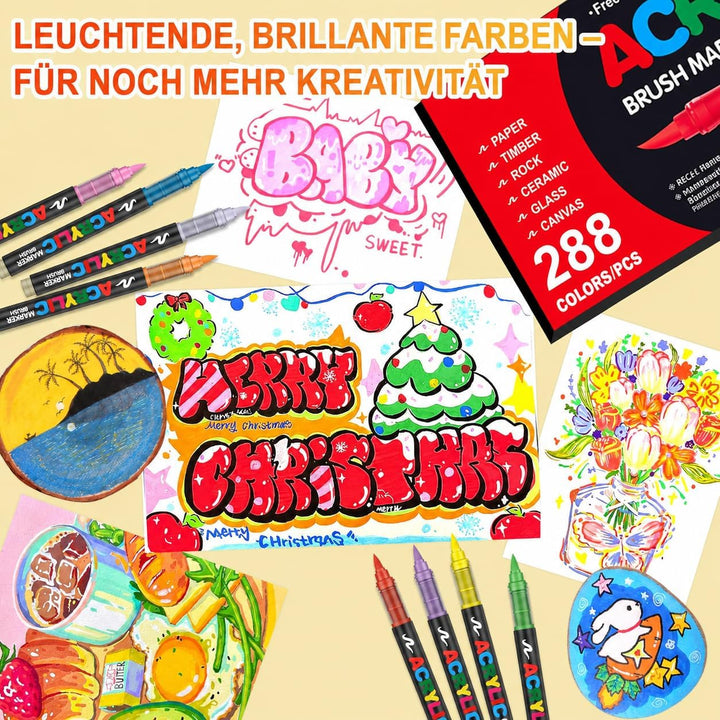 Laconile 288 Farben Acrylstifte für Steine Wasserfest, Brush Tip Acrylic Pens Set, Schnelltrocknend