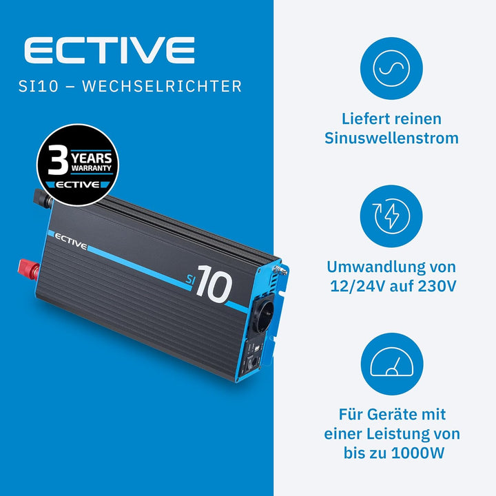 ECTIVE Reiner Sinsus Wechselrichter SI10-1000W, 12V auf 230V, USB, Überlastschutz, Überhitzungsschut