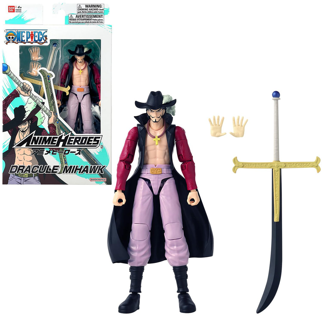 BANDAI – Anime Heroes – One Piece – Dracule Mihawk „Falkenauge“ 17 cm – Bewegliche Anime‑Figur Mihaw
