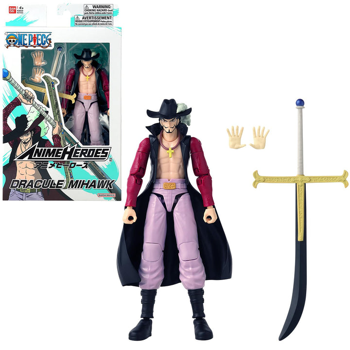 BANDAI – Anime Heroes – One Piece – Dracule Mihawk „Falkenauge“ 17 cm – Bewegliche Anime‑Figur Mihaw