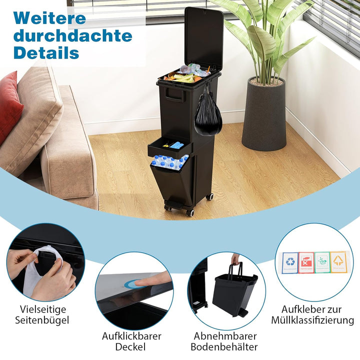 GOPLUS Mülleimer 3 Fächer, 32L Abfalleimer Küche mit Rollen, Mülltrennsystem mit Kippbehälter, Decke
