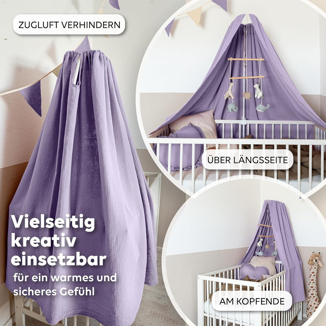 Betthimmel Babybett mit Goldapplikationen [in 12 Farben] Himmel Babybett aus 100% Baumwolle Musselin