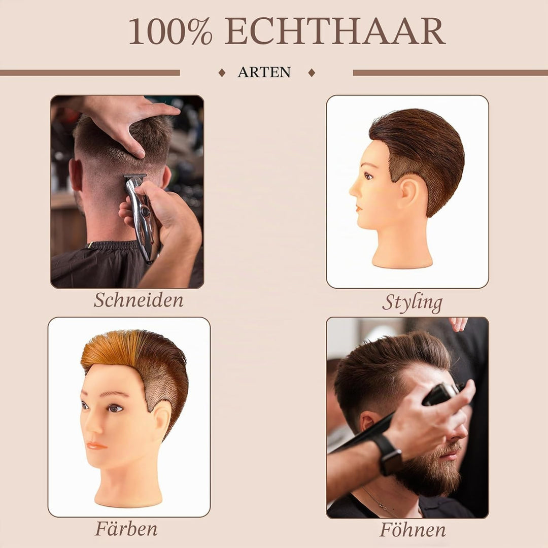 DaizySight Mann Frisierkopf 100% Echthaar, Frisurenkopf Männlicher Haarschnitt Übungskopf mit Braun