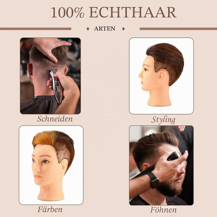 DaizySight Mann Frisierkopf 100% Echthaar, Frisurenkopf Männlicher Haarschnitt Übungskopf mit Braun