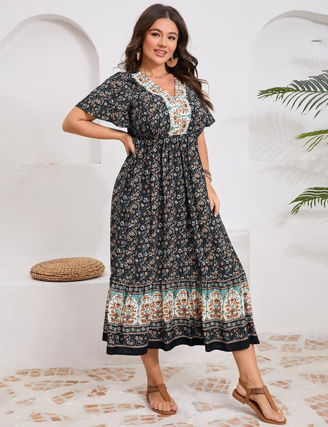 Clearlove Damen Sommerkleid Boho Kurzarm Midi Kleider V-Ausschnitt Strandkleid lang Blumenkleid Rüsc