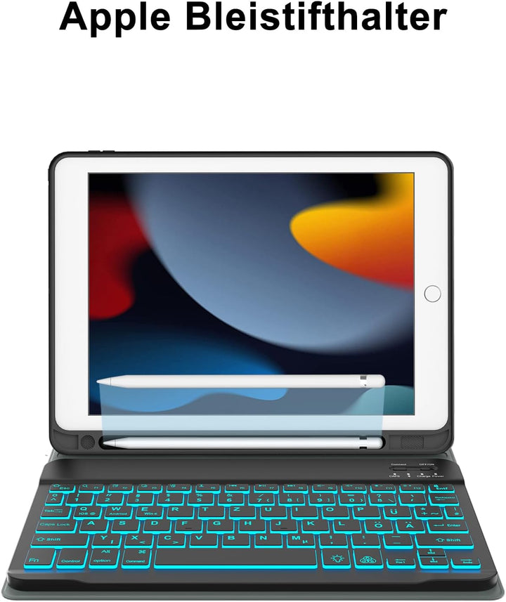 SENGBIRCH iPad 9 Generation hülle mit Tastatur - Beleuchtete Tastatur (QWERTZ Layout) mit Stifthalte