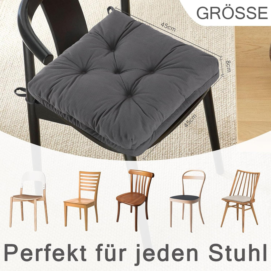 Sitzkissen, 2er Set Stuhlkissen aus Cordstoff, Memory Foam mit Doppel-Layer Design, Befestigungsriem