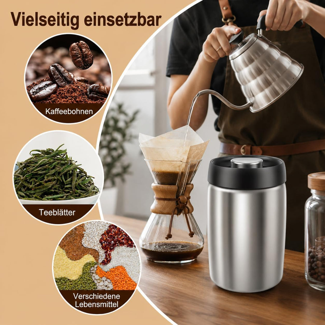 2 Stück Kaffeedose Luftdicht, 1,2L Kaffeebohnen mit Vakuumdeckel | Lebensmittelqualität 304 Edelstah