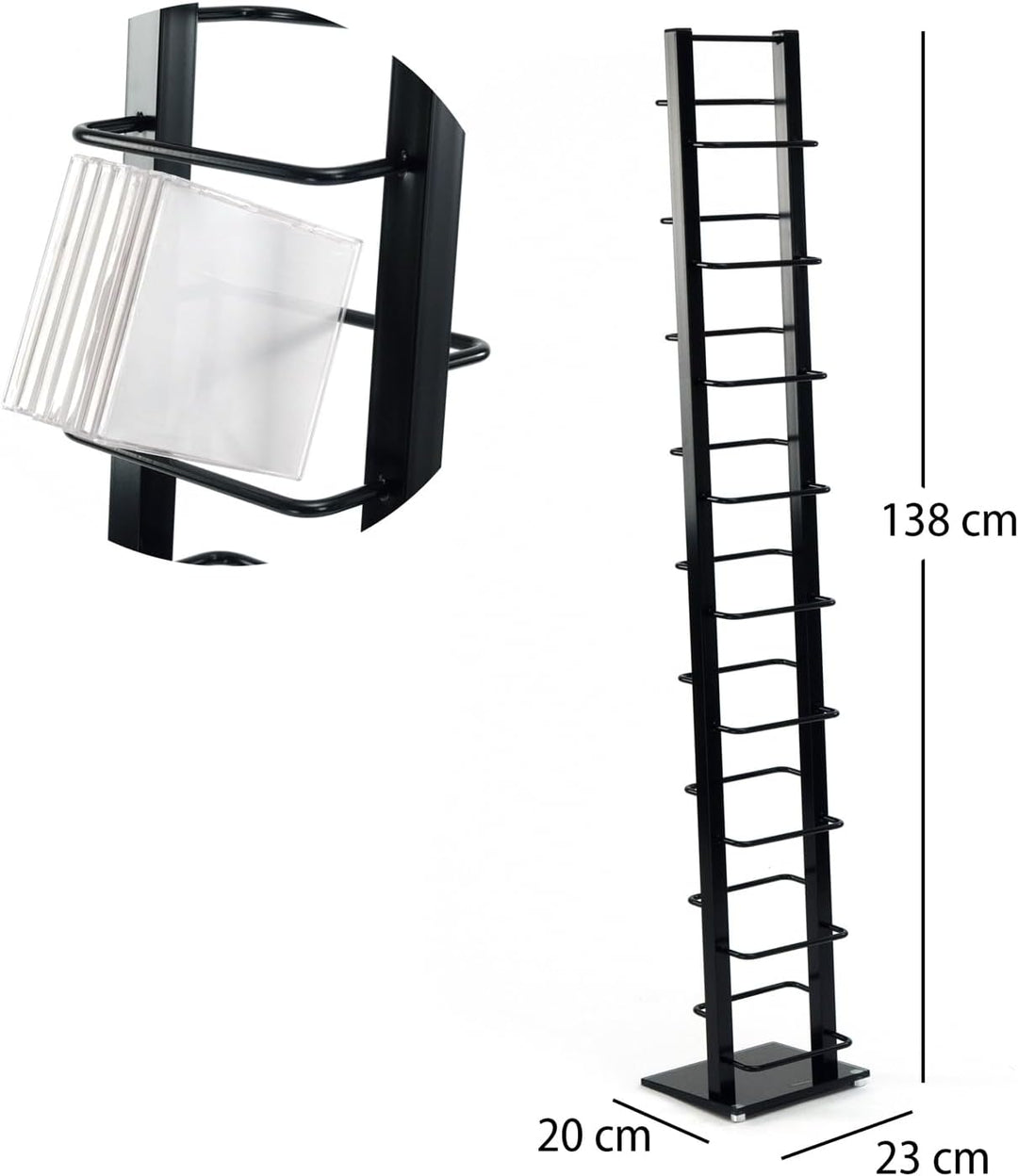 Design CD Regal Tower | 138x20 cm (HxB), Metall mit Glasfuss | stilvolle CD Aufbewahrung, Retro CD R