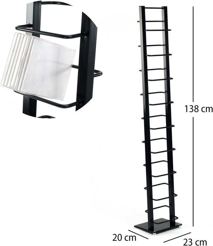 Design CD Regal Tower | 138x20 cm (HxB), Metall mit Glasfuss | stilvolle CD Aufbewahrung, Retro CD R