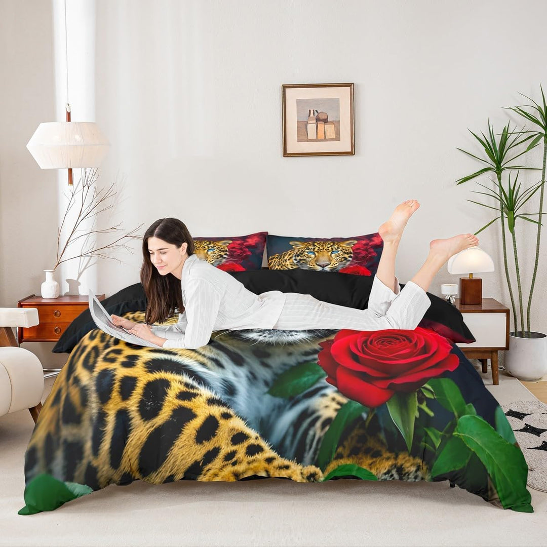 Homewish Leopard Bettbezug, Cheetah Bettwäscheset Rose Blume Trösterbezug 135x200, Für Kinder Jungen