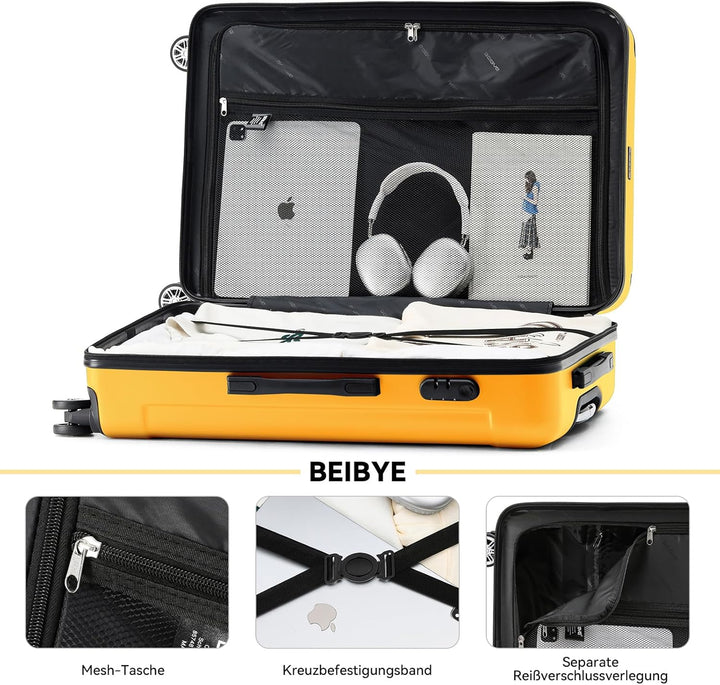 BEIBYE- Hartschalenkoffer Koffer Trolley Rollkoffer Reisekoffer Zahlenschloss 4 Zwilings-Rollen (Yel