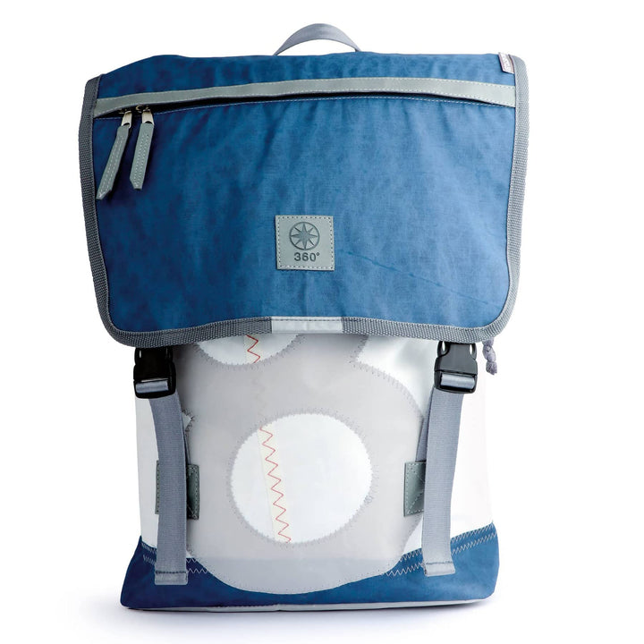360° Grad Rucksack Landgang gross aus Segeltuch, Segel weiss-blau, Zahl hellgrau Gurt grau