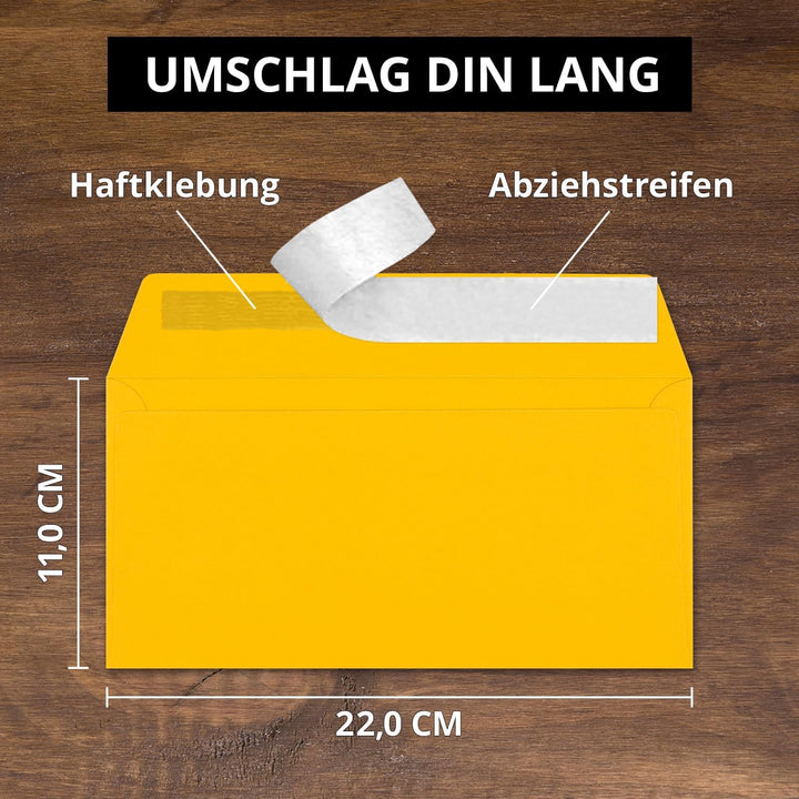 150 Brief-Umschläge DIN Lang - Honiggelb - 110 g/m² - 11 x 22 cm - sehr formstabil - Haftklebung - Q