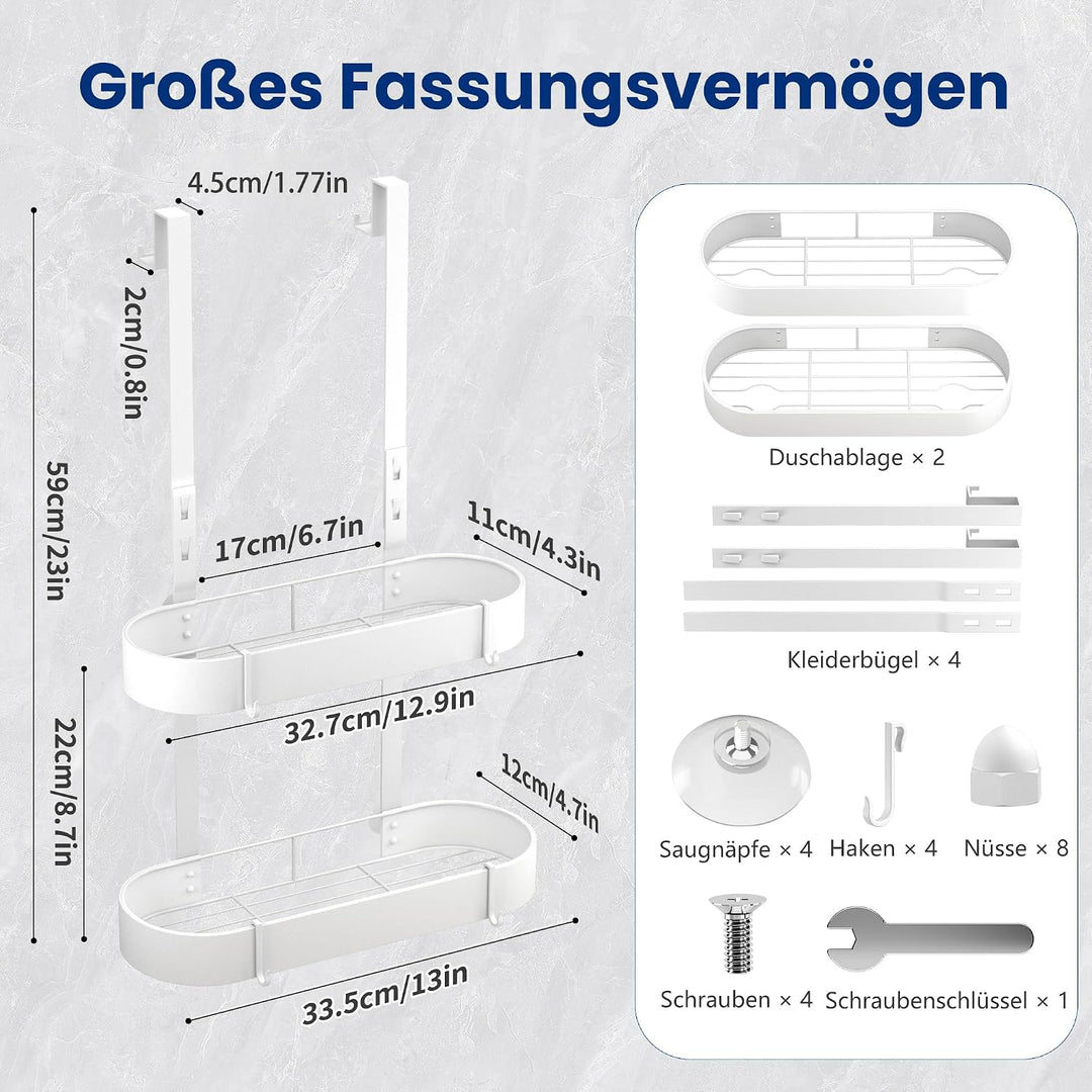 Duschregal zum Hängen Duschablage ohne Bohren Weiss Badezimmer | stabile Duschablage zum Hängen mit