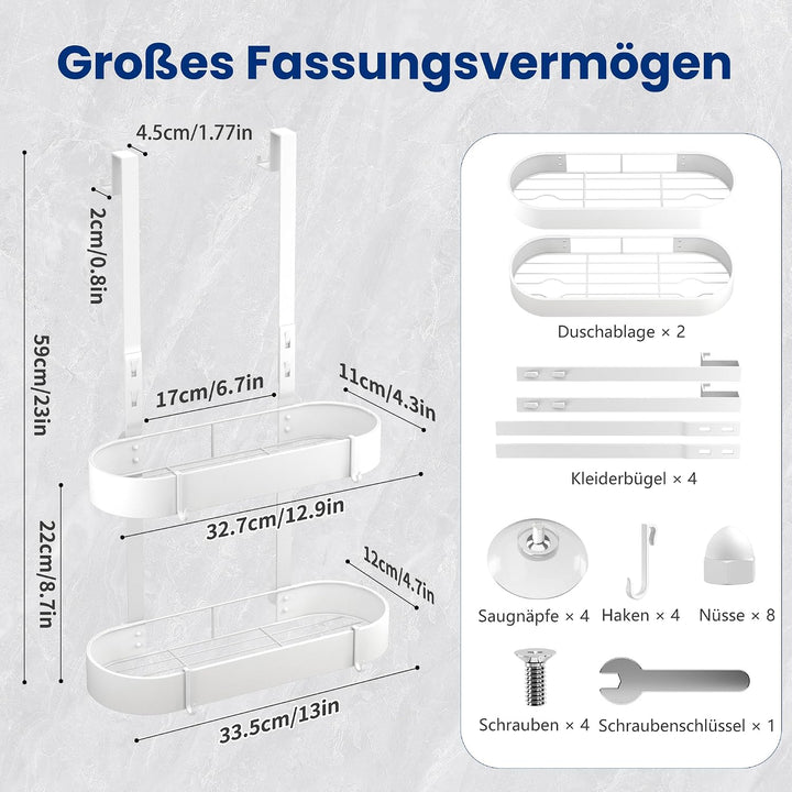 Duschregal zum Hängen Duschablage ohne Bohren Weiss Badezimmer | stabile Duschablage zum Hängen mit