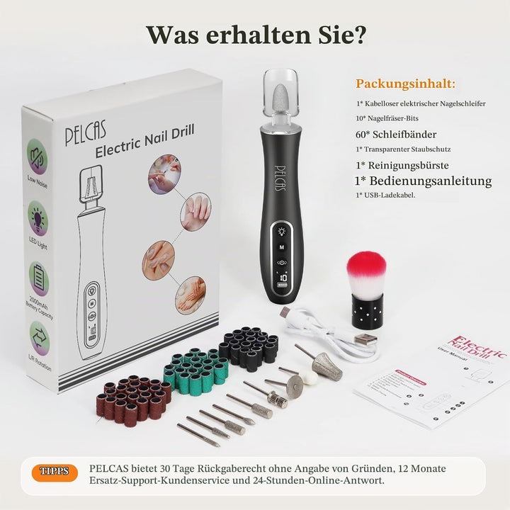 PELCAS Elektrische Nagelfräser 10 Geschwindigkeiten Schnurloser Nagelbohrer Professionell Nagelschle