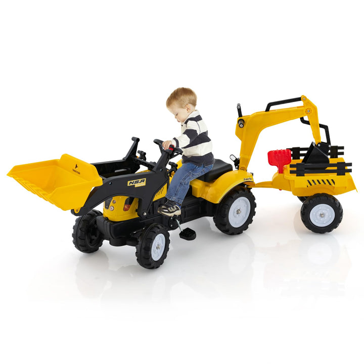 COSTWAY Trettraktor, Kinder Traktor mit Abnehmbarer Anhänger & Grabschaufel, Baggerlader bis 35 kg b