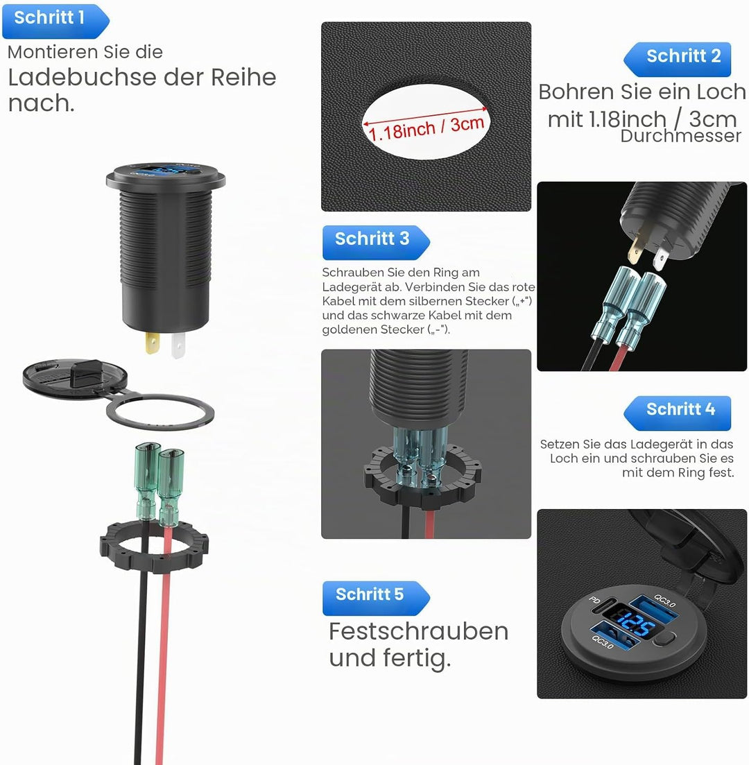 12 Volt USB-Steckdose Dual Quick Charge 3.0 Port und PD3.0 USB C Auto-Ladebuchse, wasserdichte 12V S