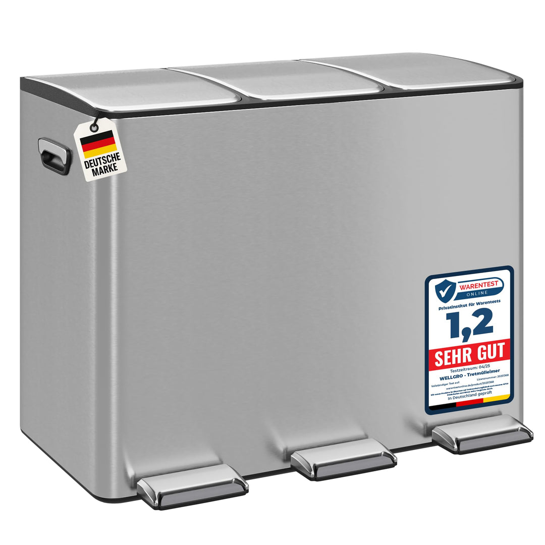 WELLGRO Treteimer, Mülleimer, Edelstahl Tretmülleimer mit 3 x 15 Liter, klappbaren Fusspedalen, Abse