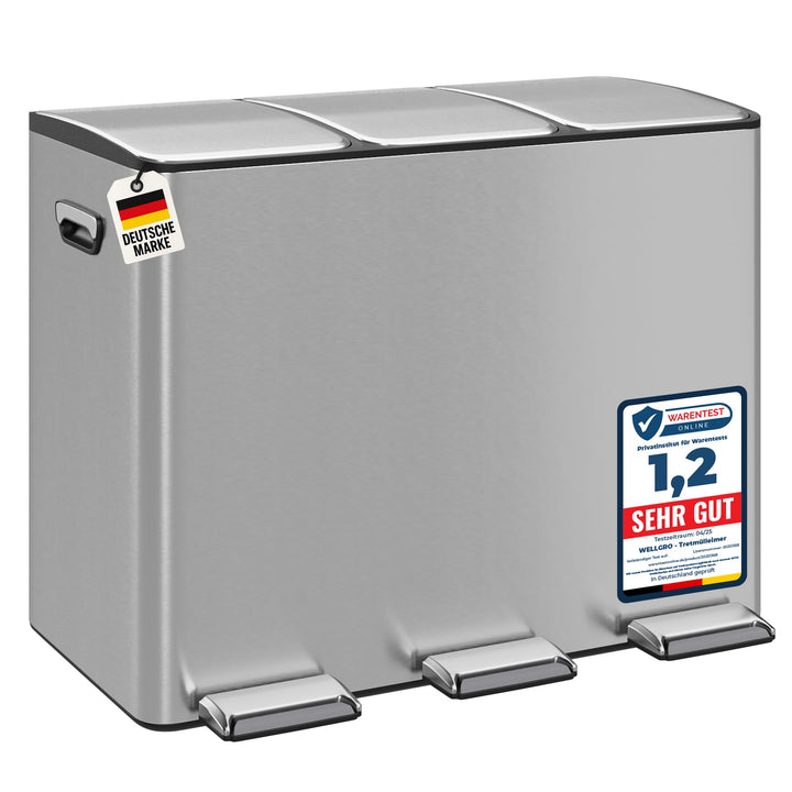 WELLGRO Treteimer, Mülleimer, Edelstahl Tretmülleimer mit 3 x 15 Liter, klappbaren Fusspedalen, Abse