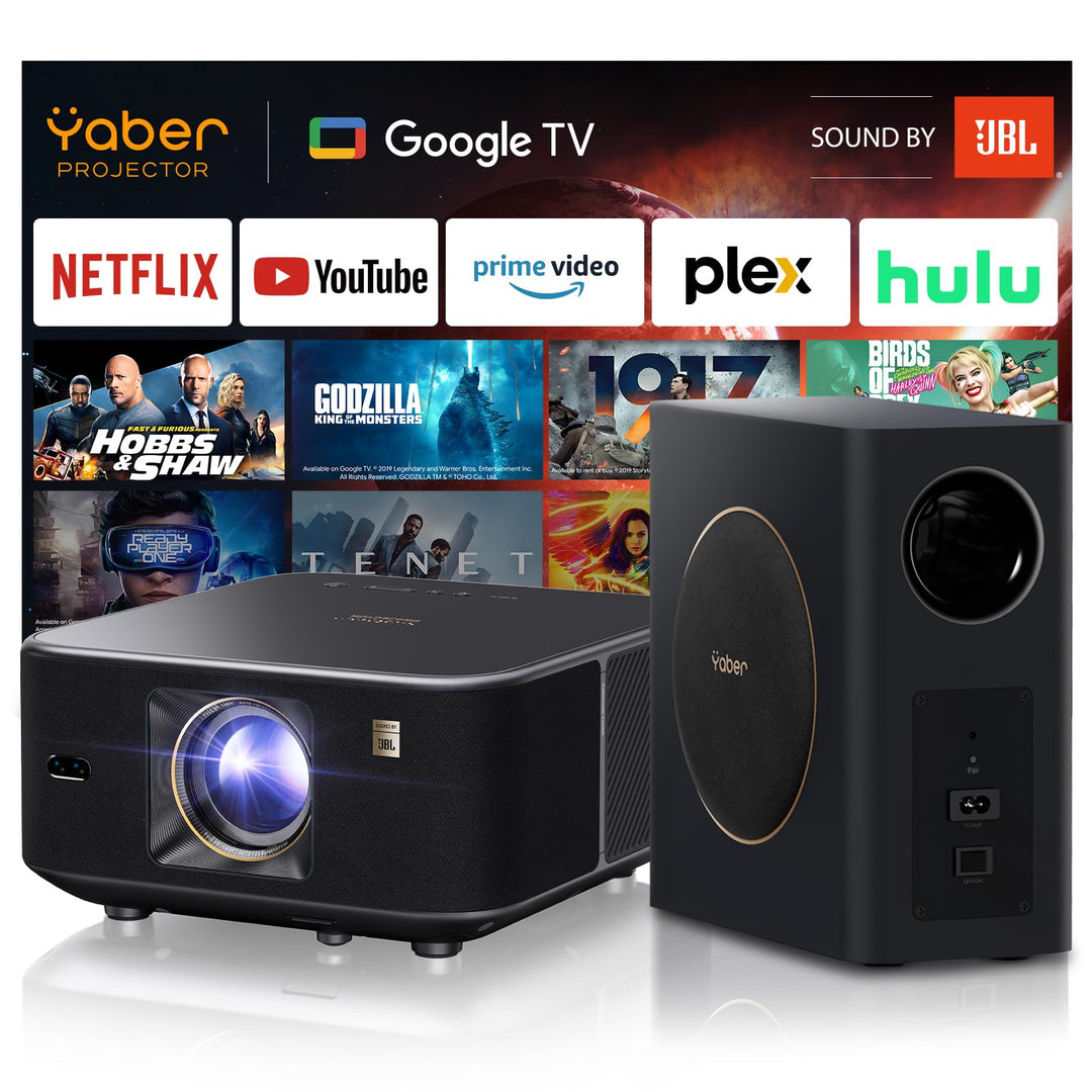 Yaber K3 Pro Projektor mit Subwoofer Set Smart Projektor mit Google TV, 30W Lautsprecher Sound von J