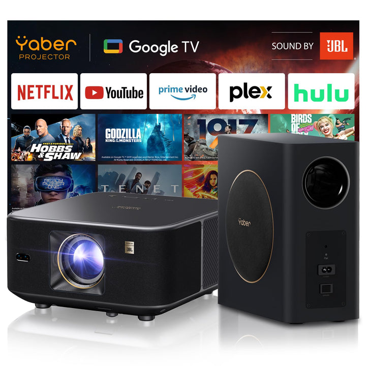 Yaber K3 Pro Projektor mit Subwoofer Set Smart Projektor mit Google TV, 30W Lautsprecher Sound von J