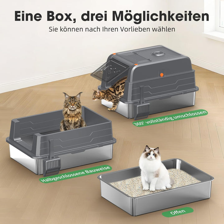XXXL Edelstahl Katzentoilette mit Deckel – extra grosse geschlossene Katzenklos mit hohen Seitenwänd
