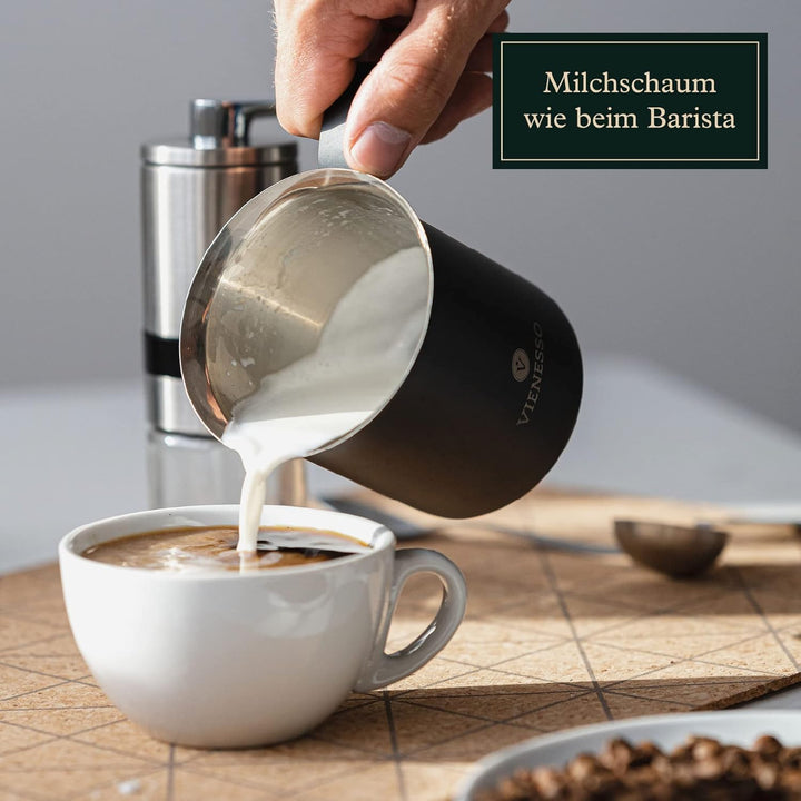 VIENESSO Milchaufschäumer (Manuell/Hand) aus Edelstahl - Milk Frother/Milchschäumer mit Doppelsieb: